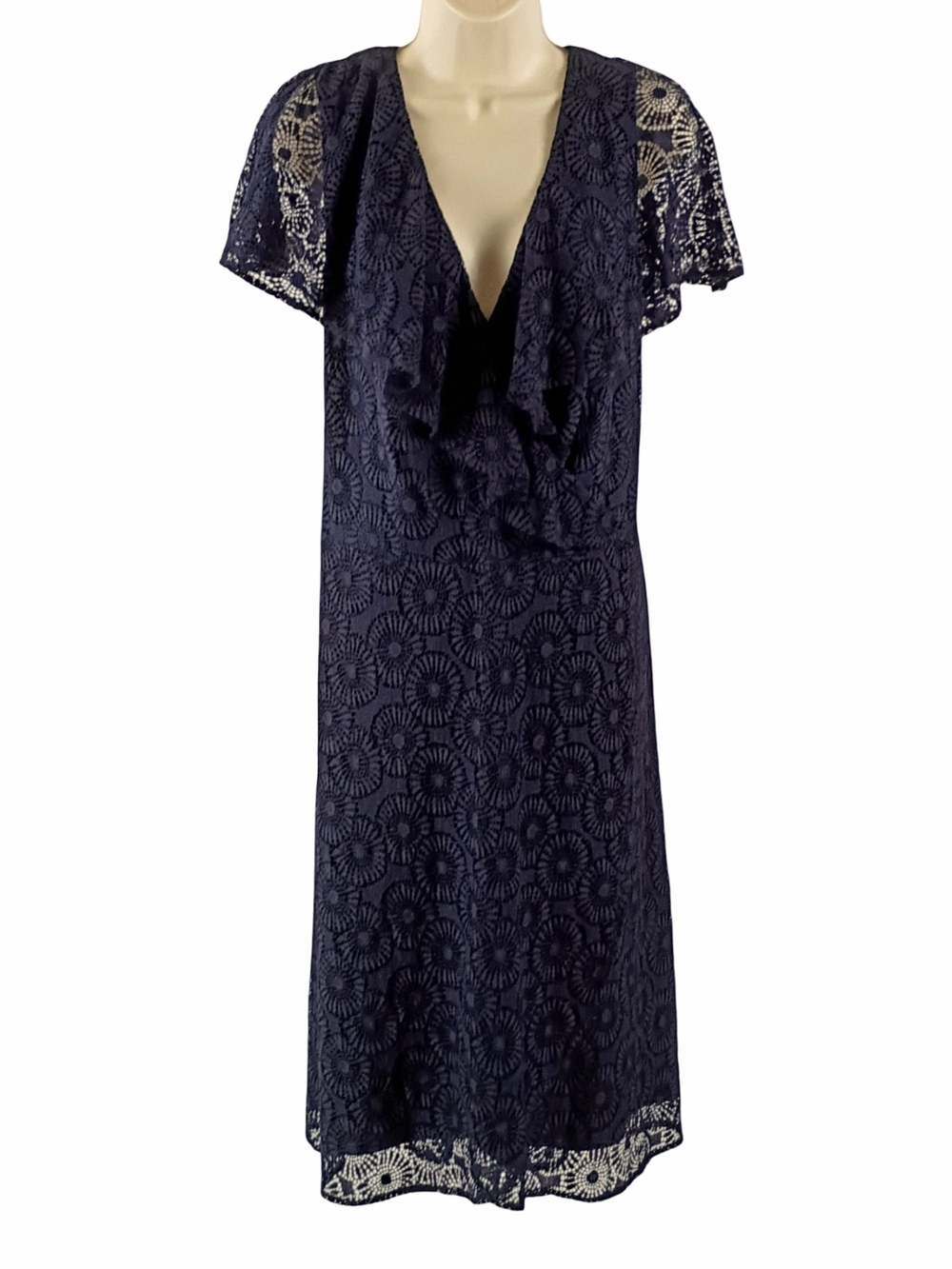 Adrianna Papell Navy Lace Midi Dress with V-Neck and Flutter Sleeves